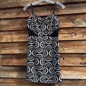 Free People Black and Cream Swirl Dress lace cutout waist retro 70s vibe